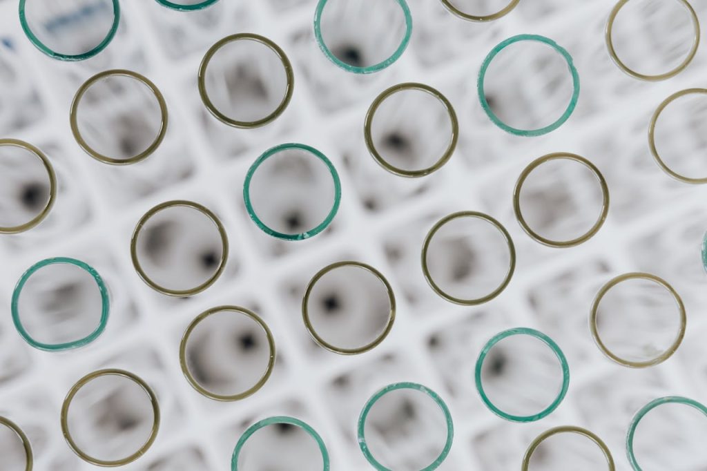 Aerial view of empty test tubes in a lab rack, scientific research.